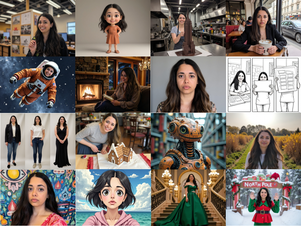 16-image collage showing a consistent AI character across multiple outfits, scenes, and styles.